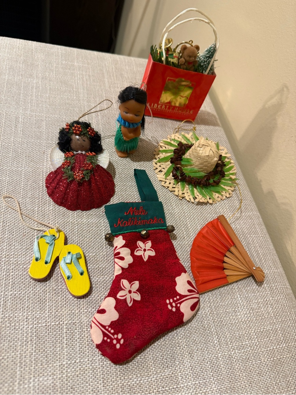 Vtg Hawaii Christmas Ornament Lot of 7 Mele Kalikimaka Liberty House Mid Century